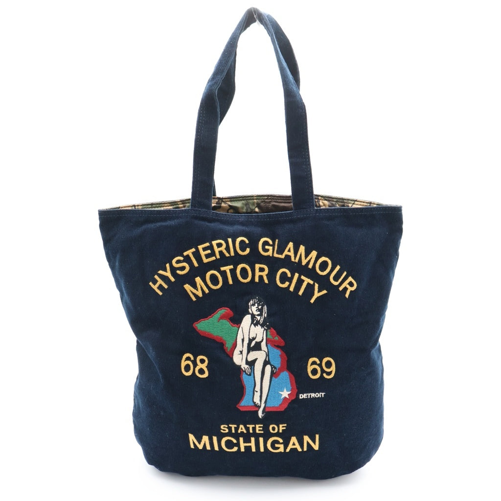 HYSTERIC GLAMOUR(ヒステリックグラマー) MICHIGAN ガール刺繍 コーディロイ リバーシブルカモ柄 トートバッグ ネイビー/カーキ レディース