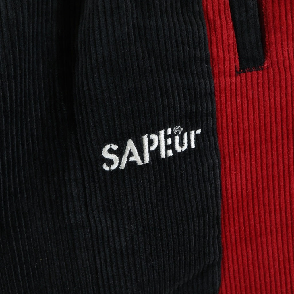 SAPEur(サプール) ロゴ刺繍 コーデュロイ イージートラックパンツ ブラックレッド