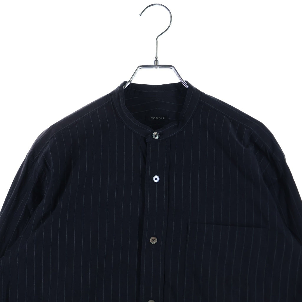 COMOLI(コモリ) 19AW バンドカラー ストライプ 長袖シャツ ブラック Q03-02002