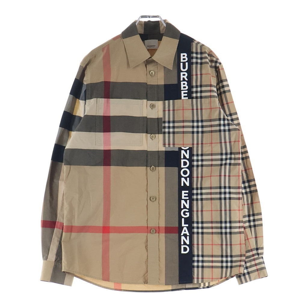 BURBERRY(バーバリー) 20AW ロゴパッチワーク チェック柄 プリント長袖シャツ ブラウン