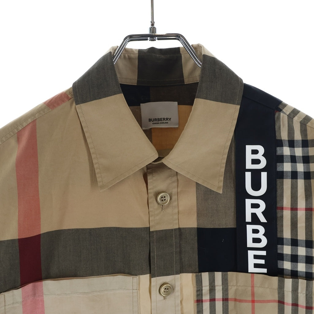 BURBERRY(バーバリー) 20AW ロゴパッチワーク チェック柄 プリント長袖シャツ ブラウン