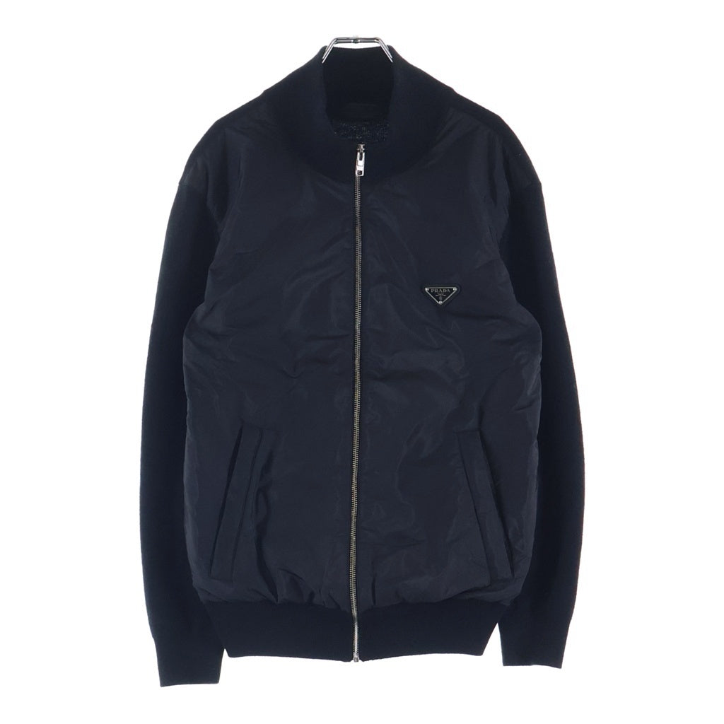 PRADA(プラダ) トライアングルロゴ ニット切替 ジップアップ ナイロンジャケット ブラック UMG116