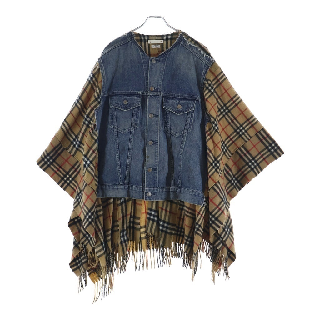 MINEDENIM(マインデニム) 21AW ×OLD PARK DENIM TRUCKER JKT PONCHO オールドパーク デニム切り替え ノバチェックポンチョ インディゴ/ブラウン MND-21AWOP002-85-002