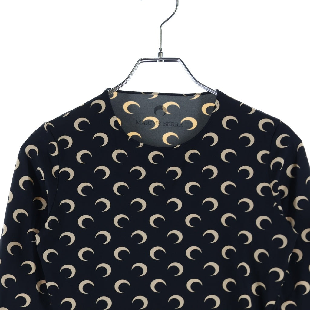 MARINE SERRE(マリーン セル) 25SS ムーンプリント 総柄 セカンドスキン クルーネック 長袖Tシャツ カットソー レディース ブラック