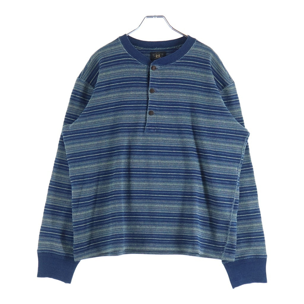 RRL(ダブルアールエル) STRIPED COTTON HENLEY SWEATER ヘンリーネック 長袖ボーダーニットセーター ブルー