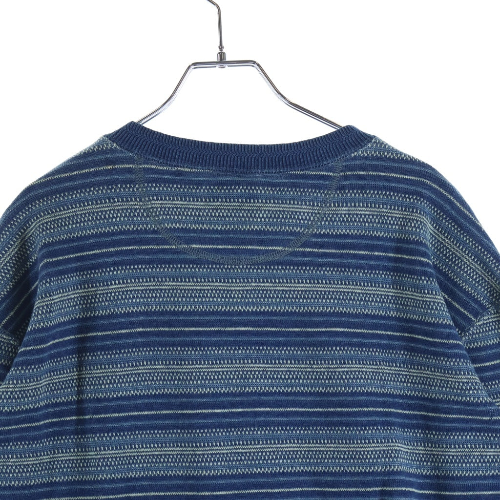 RRL(ダブルアールエル) STRIPED COTTON HENLEY SWEATER ヘンリーネック 長袖ボーダーニットセーター ブルー