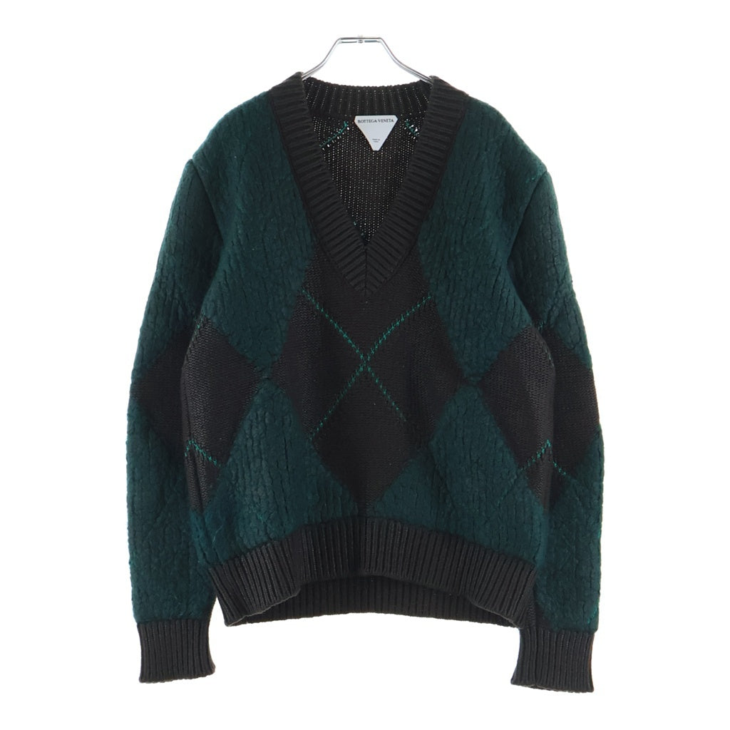 BOTTEGA VENETA ボッテガヴェネタ アーガイル柄 Vネック モヘヤ混 ニットセーター グリーン/ブラウン 665928 BOTTEGA VENETA(ボッテガヴェネタ) アーガイル柄 Vネック モヘヤ混