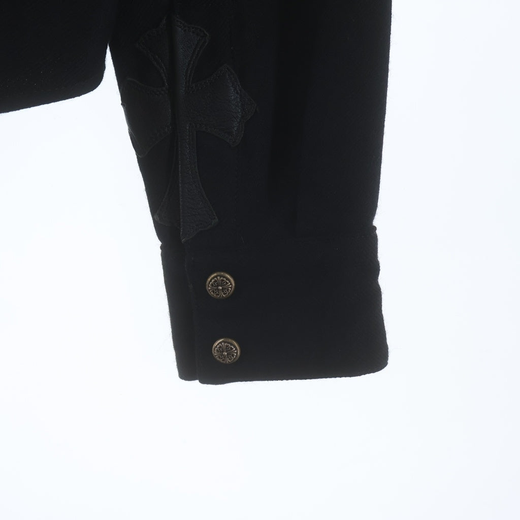 CHROME HEARTS(クロムハーツ) OLD DENIM WESTERN オールド フローラルボタン 袖裾レザークロスパッチ チェック柄 ウール ウエスタン長袖シャツ ブラック