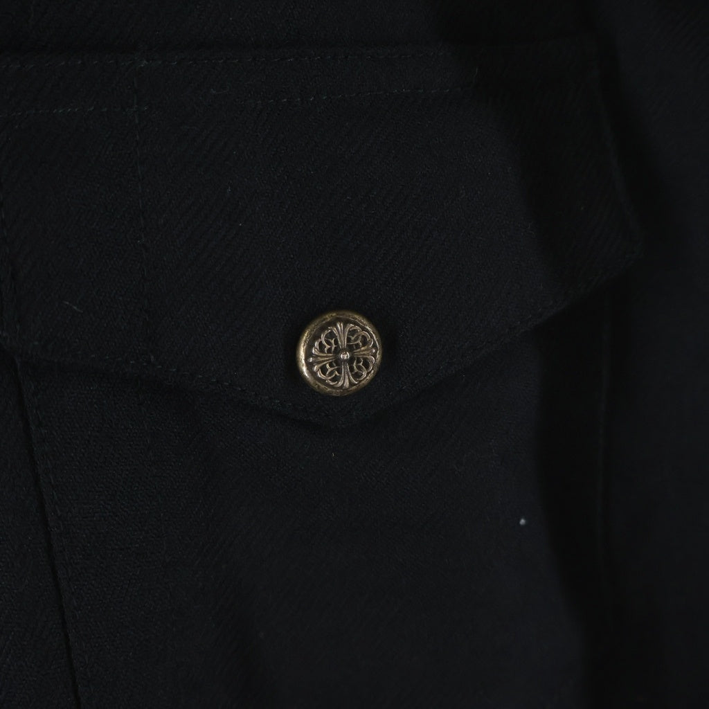 CHROME HEARTS(クロムハーツ) OLD DENIM WESTERN オールド フローラルボタン 袖裾レザークロスパッチ チェック柄 ウール ウエスタン長袖シャツ ブラック