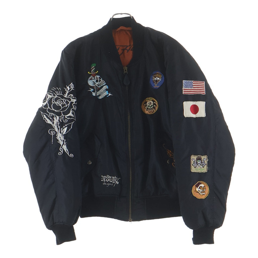 Ed Hardy(エドハーディー) マルチワッペン ドクロ刺繍デザイン ナイロン ボンバージャケット ブラック