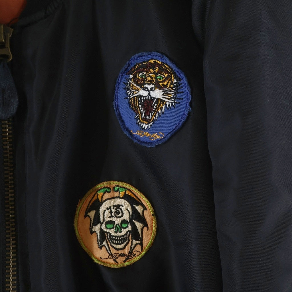 Ed Hardy(エドハーディー) マルチワッペン ドクロ刺繍デザイン ナイロン ボンバージャケット ブラック