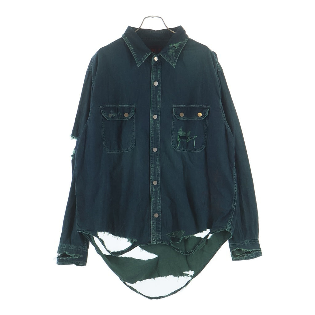 cvtvlist(カタリスト) DENIM DYED SHIRT ガーメントダイ ダメージ加工 長袖デニムシャツ グリーン 2201030202