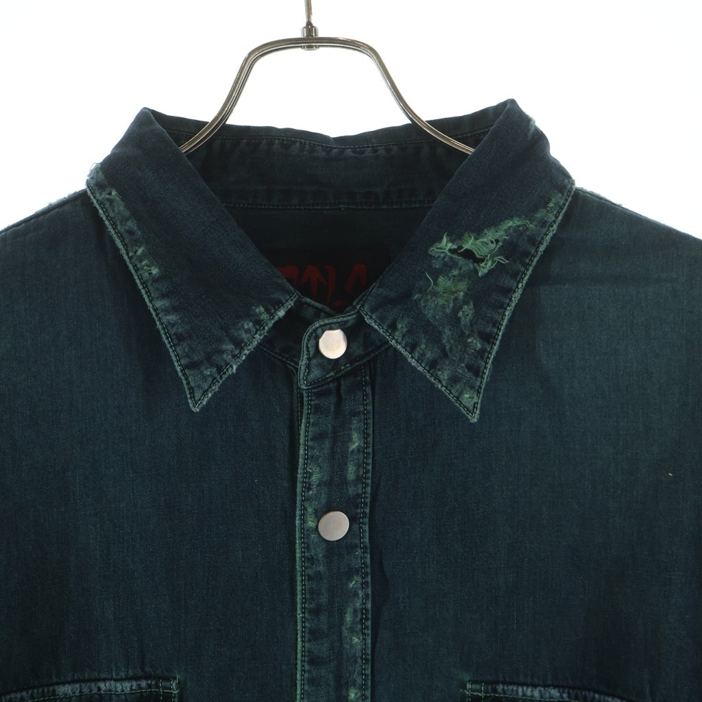 cvtvlist(カタリスト) DENIM DYED SHIRT ガーメントダイ ダメージ加工 長袖デニムシャツ グリーン 2201030202