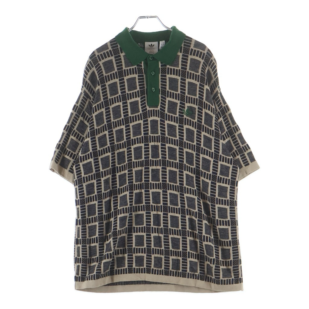 adidas(アディダス) 25SS ×BRAIN DEAD POLO SHIRTS DUSTSAND ブレインデッド ダストサンド 総柄 ロゴ刺繍 ニット半袖ポロシャツ ブラウン/グリーン JN7151