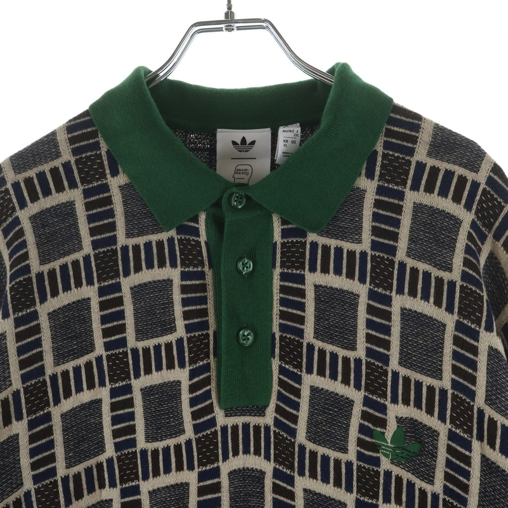 adidas(アディダス) 25SS ×BRAIN DEAD POLO SHIRTS DUSTSAND ブレインデッド ダストサンド 総柄 ロゴ刺繍 ニット半袖ポロシャツ ブラウン/グリーン JN7151