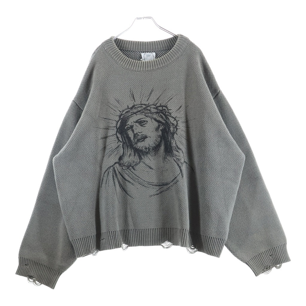 SOMEIT(サミット) J.X. VINTAGE KNIT 両面エンブロイダリー ヴィンテージ加工 クルーネックニット セーター グレー