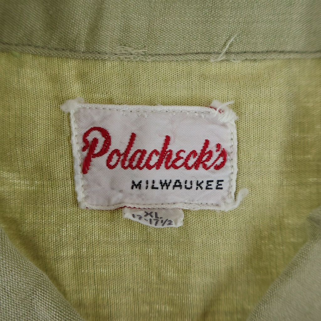 VINTAGE(ヴィンテージ) 50-60S VINTAGE POLACHECK'S MILWAUKEE COTTON L/S SHIRT ヴィンテージ 総柄刺繍 長袖コットンオープンカラー 開襟シャツ グリーン