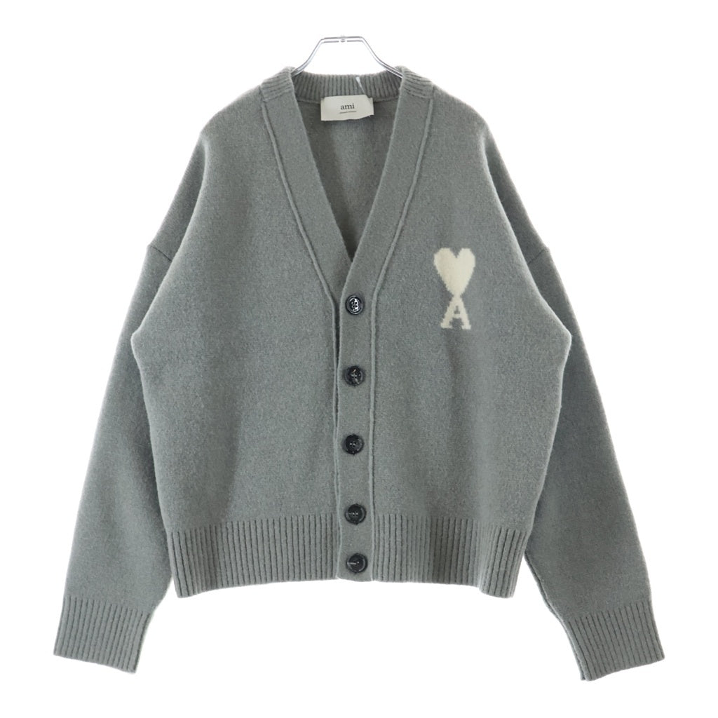 AMI Alexandre Mattiussi(アミアレクサンドルマテュッシ) 26SS 胸ハートロゴ アルパカウールカーディガン グレー UKC365.KN0135