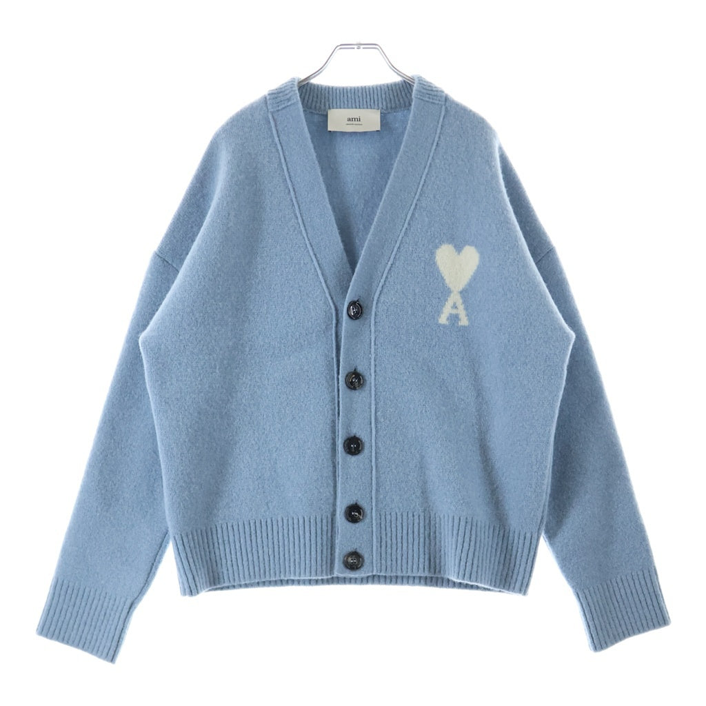 AMI Alexandre Mattiussi(アミアレクサンドルマテュッシ) 26SS 胸ハートロゴ アルパカウールカーディガン ブルー UKC365.KN0135