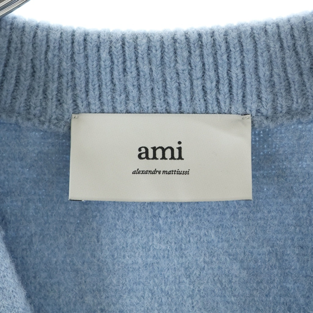 AMI Alexandre Mattiussi(アミアレクサンドルマテュッシ) 26SS 胸ハートロゴ アルパカウールカーディガン ブルー UKC365.KN0135