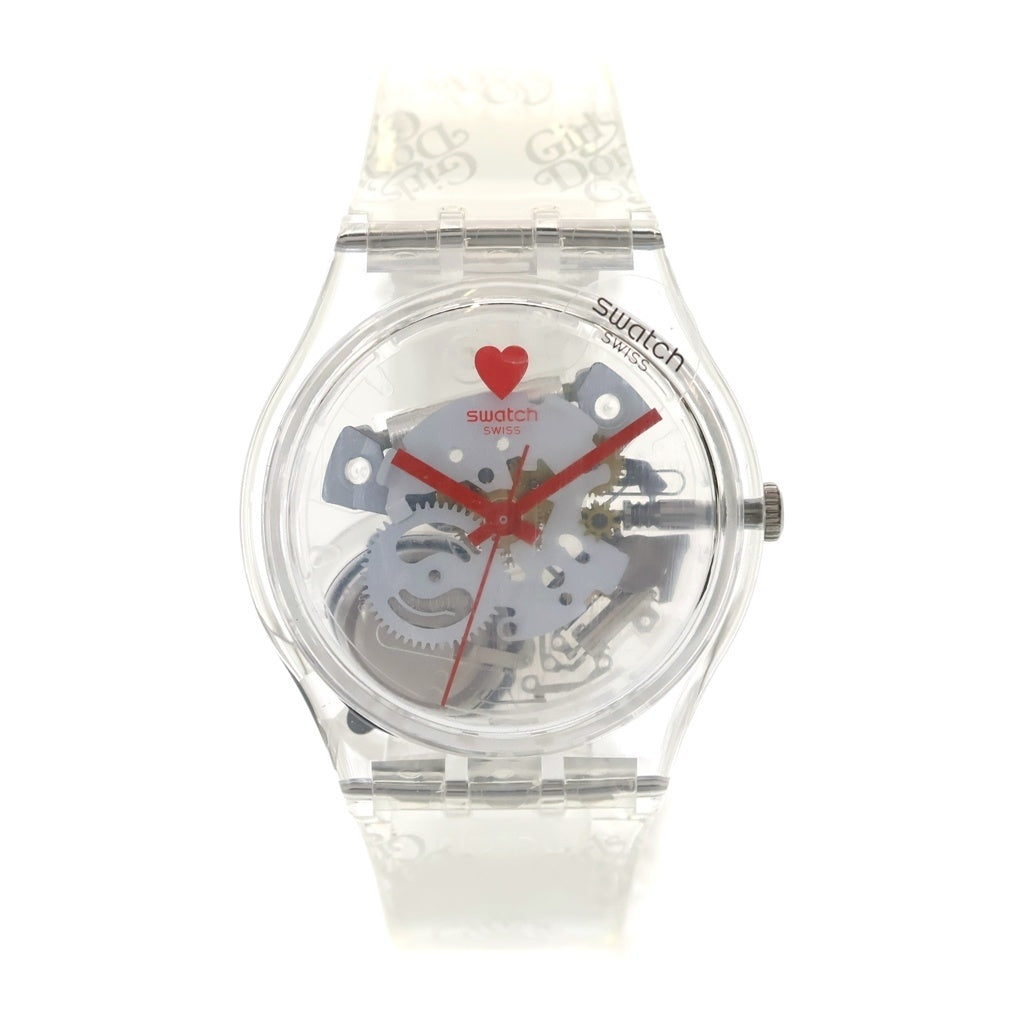 SWATCH(スウォッチ) ×GIRLS DON'T CRY BY VERDY ガールズドントクライ バイ ヴェルディ クウォーツ式 ロゴ総柄 ラバーバンドウォッチ 腕時計 クリア/ホワイト SO28Z129