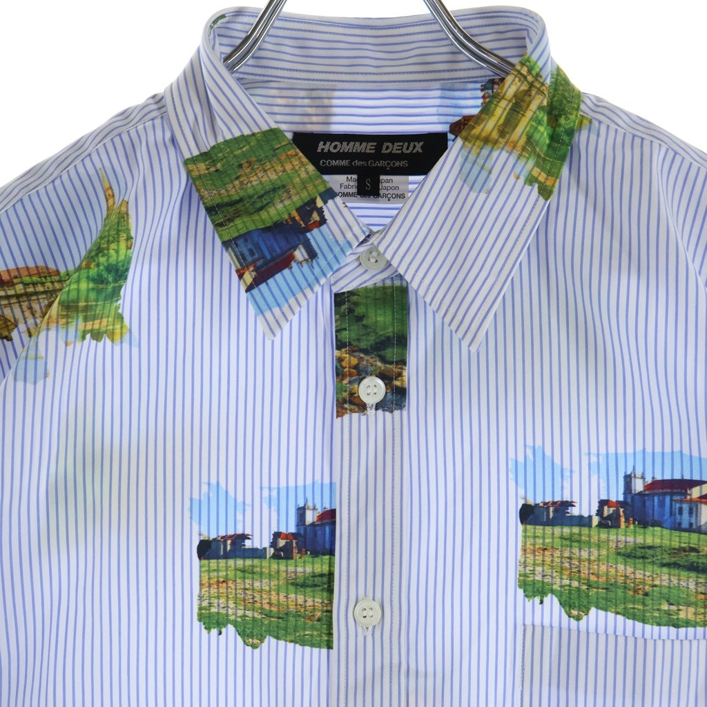 COMME des GARCONS HOMME DEUX(コムデギャルソン オムドゥ) 24SS AD2023 フォトプリント総柄 長袖コットンストライプシャツ ブルー/ホワイト DM-B037