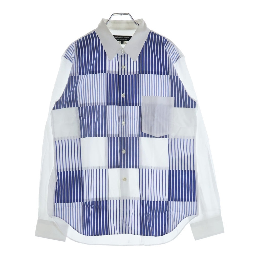 COMME des GARCONS HOMME DEUX(コムデギャルソン オムドゥ) 23SS AD2022 フロントストライプパッチワーク加工 長袖コットンシャツ ホワイト/ブルー DK-B022