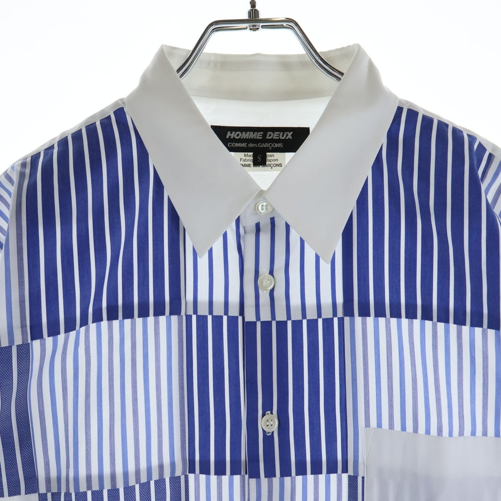 COMME des GARCONS HOMME DEUX(コムデギャルソン オムドゥ) 23SS AD2022 フロントストライプパッチワーク加工 長袖コットンシャツ ホワイト/ブルー DK-B022