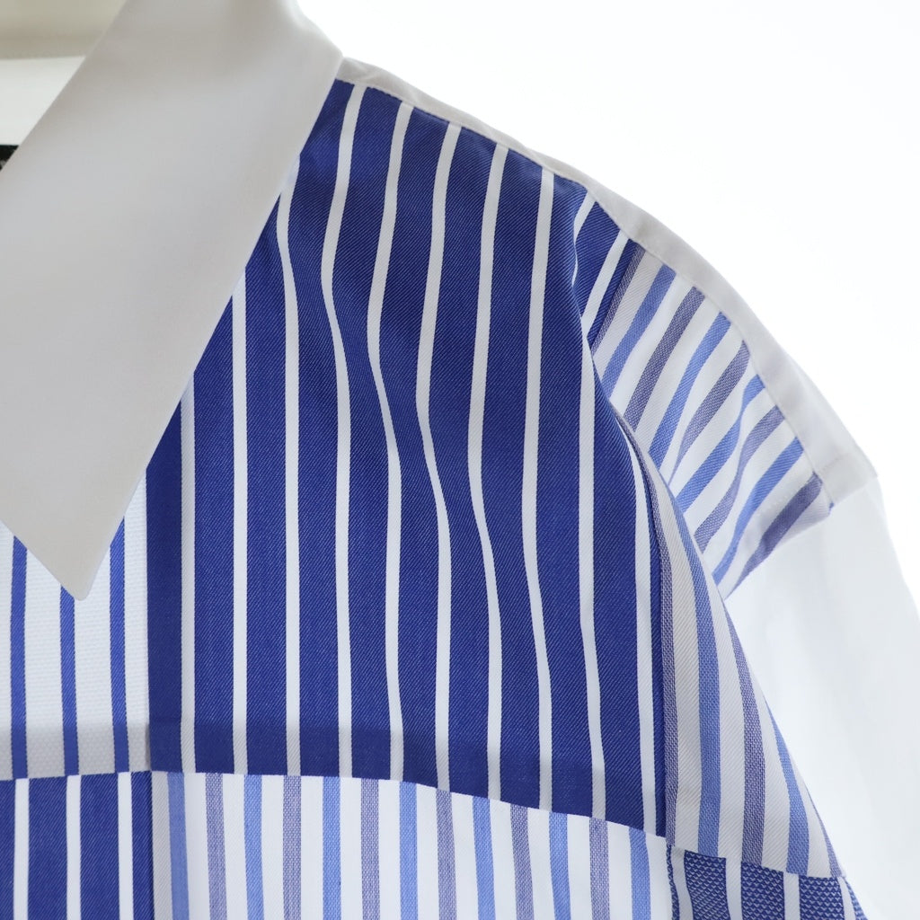 COMME des GARCONS HOMME DEUX(コムデギャルソン オムドゥ) 23SS AD2022 フロントストライプパッチワーク加工 長袖コットンシャツ ホワイト/ブルー DK-B022