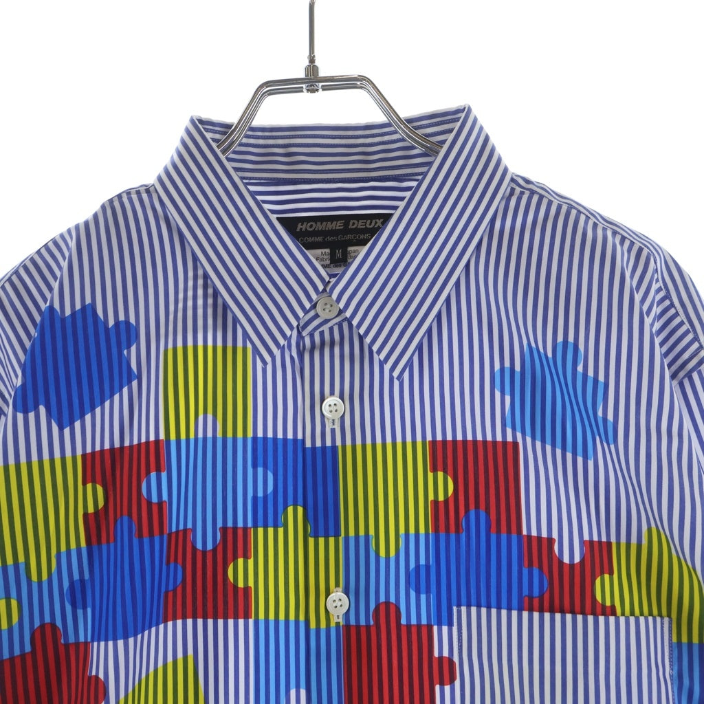 COMME des GARCONS HOMME DEUX(コムデギャルソン オムドゥ) 24SS AD2023 フロントパズルデザイン 長袖コットンストライプシャツ ブルー/ホワイト DM-B042
