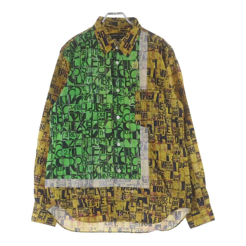 COMME des GARCONS HOMME DEUX(コムデギャルソン オムドゥ) 22AW AD2022 コラージュロゴ総柄 長袖コットンシャツ グリーン/イエロー DJ-B023