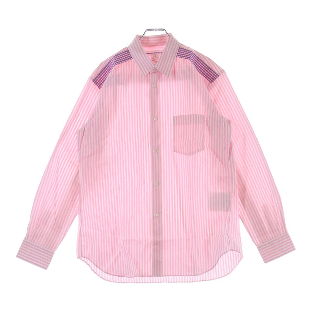 COMME des GARCONS SHIRT(コムデギャルソンシャツ) ストライプ ギンガムチェック切り替え ロングスリーブ コットンシャツ ピンク/ホワイト FO-B022