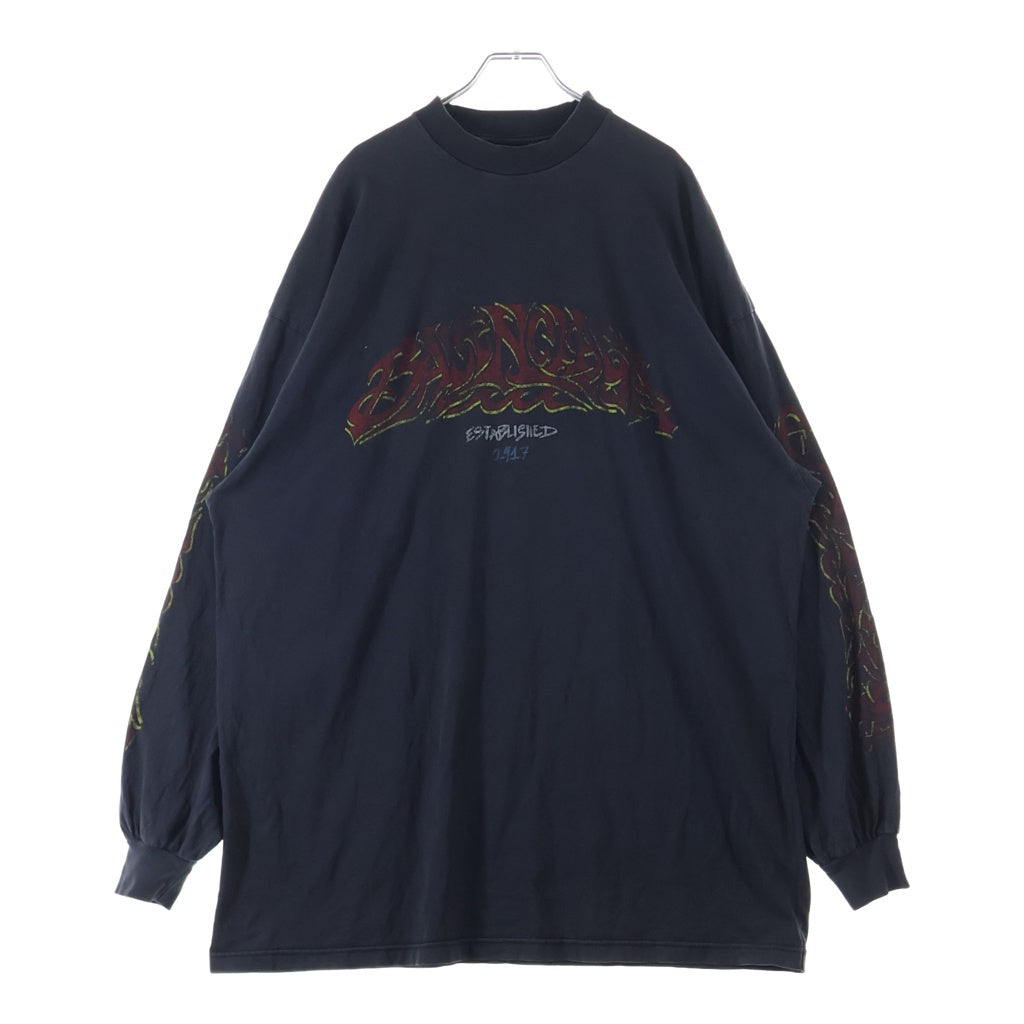 BALENCIAGA(バレンシアガ) 23AW OFFSHORE ヴィンテージ加工 ロゴプリントTシャツ 長袖クルーネックカットソー ブラック 739027 TPVM8