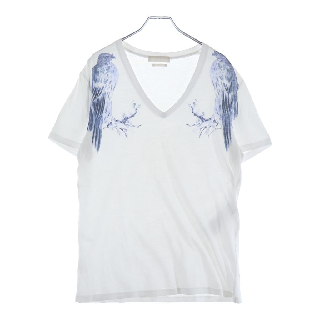 Alexander McQueen(アレキサンダーマックイーン) イタリア製 バードプリント Vネック 半袖Tシャツ カットソー ホワイト 387902 QGZ51