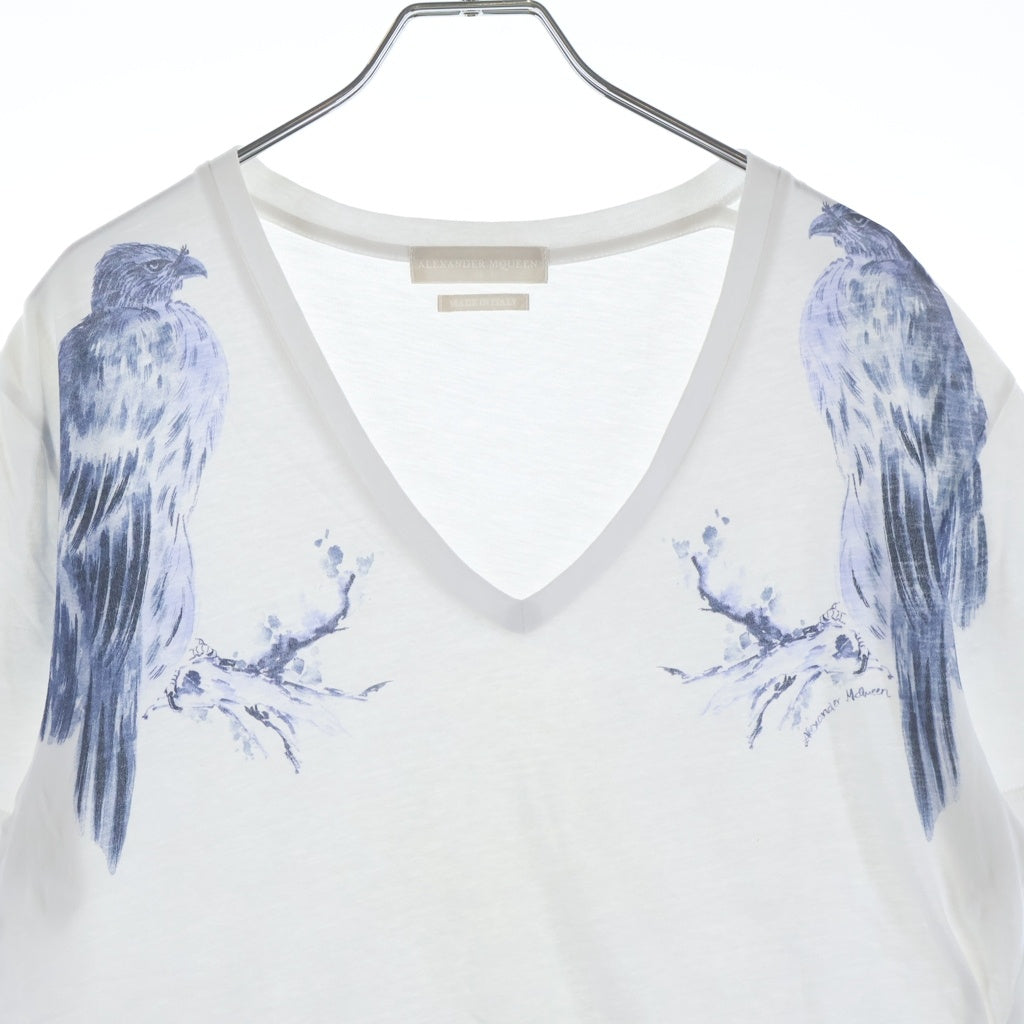 Alexander McQueen(アレキサンダーマックイーン) イタリア製 バードプリント Vネック 半袖Tシャツ カットソー ホワイト 387902 QGZ51