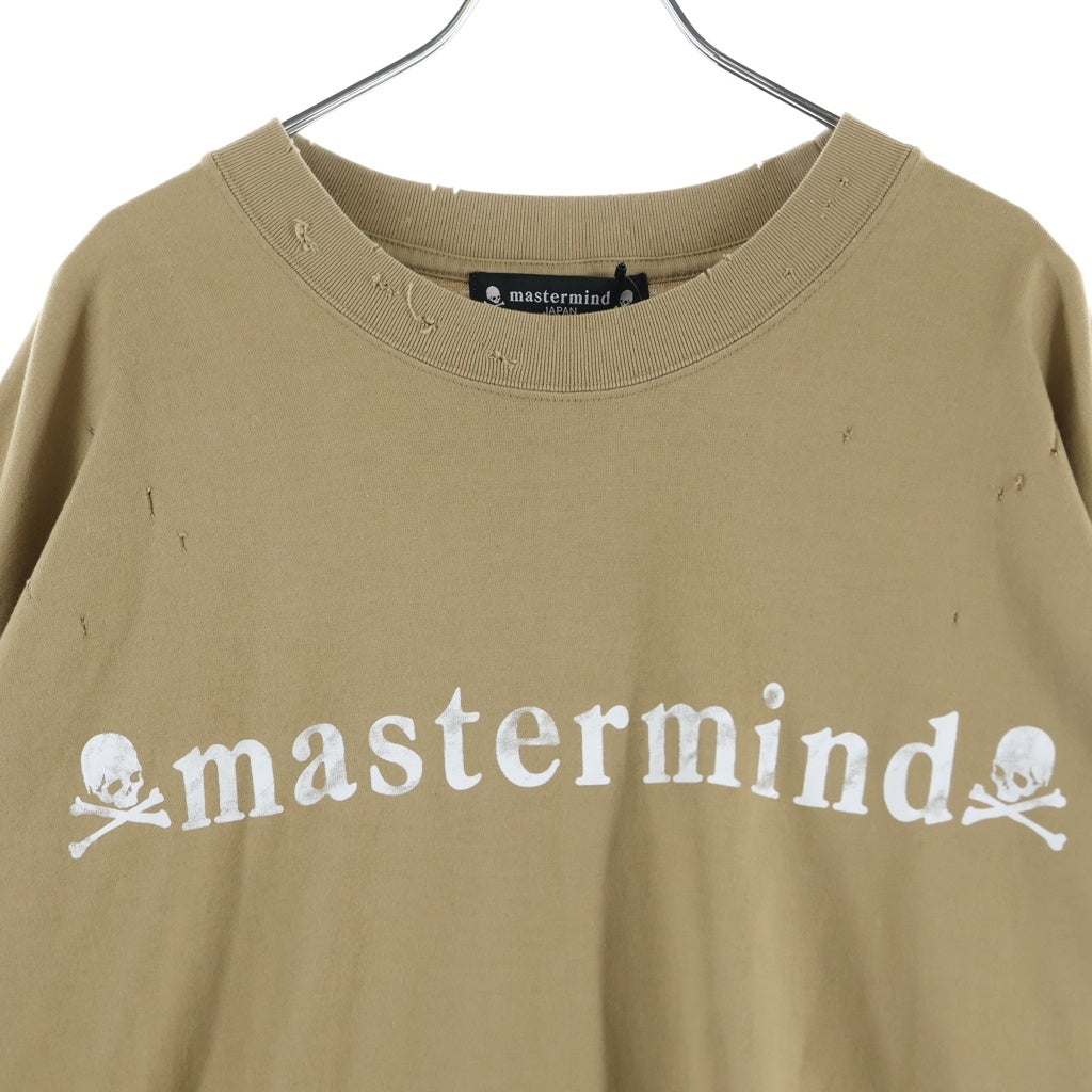 mastermind JAPAN(マスターマインドジャパン) ダメージ加工 ロゴプリント クルーネック長袖Tシャツ カットソー ベージュ MJ17P01-TS