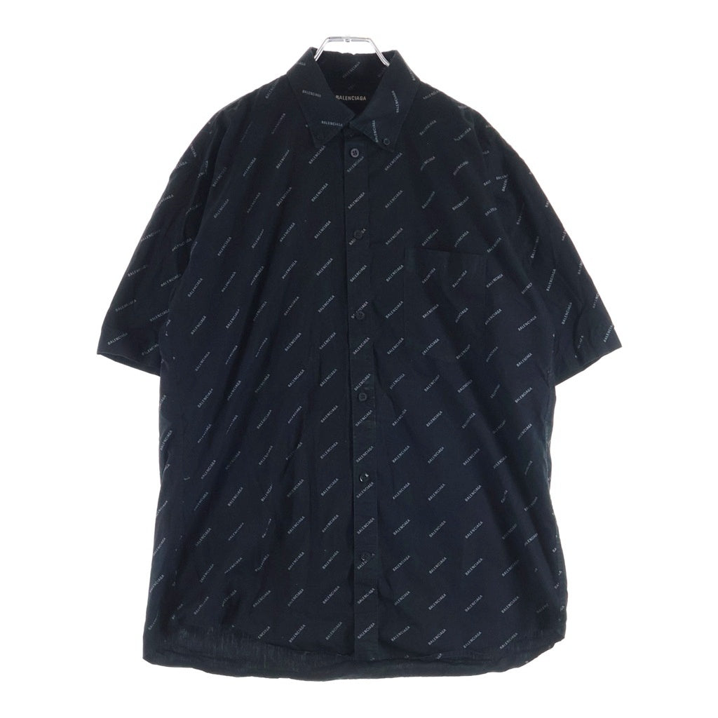 BALENCIAGA(バレンシアガ) 18SS ロゴ総柄 フロントポケット ボタンダウン コットン半袖シャツ ブラック 534332 TBL96