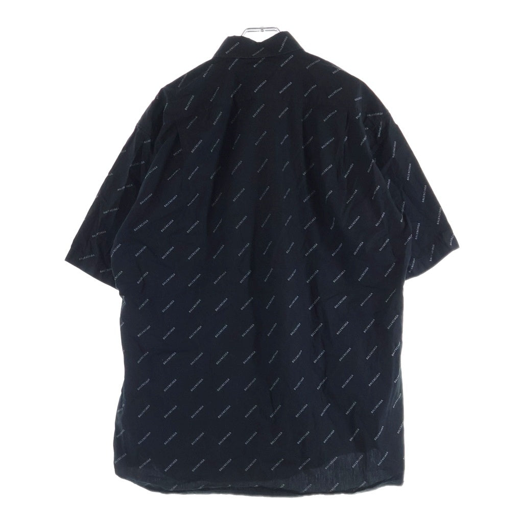 BALENCIAGA(バレンシアガ) 18SS ロゴ総柄 フロントポケット ボタンダウン コットン半袖シャツ ブラック 534332 TBL96