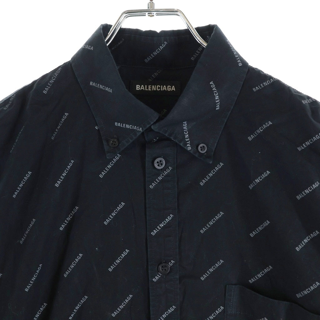 BALENCIAGA(バレンシアガ) 18SS ロゴ総柄 フロントポケット ボタンダウン コットン半袖シャツ ブラック 534332 TBL96