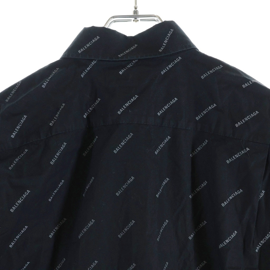 BALENCIAGA(バレンシアガ) 18SS ロゴ総柄 フロントポケット ボタンダウン コットン半袖シャツ ブラック 534332 TBL96