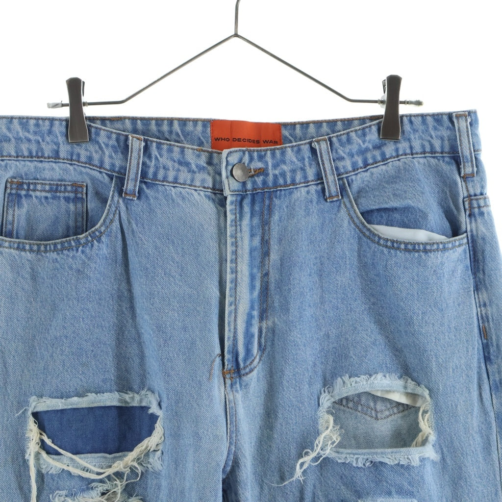 NO BRAND(ノーブランド) WHO DESIDES WAR フーディサイズウォー ダメージ加工 ジップフライデニムパンツ インディゴ