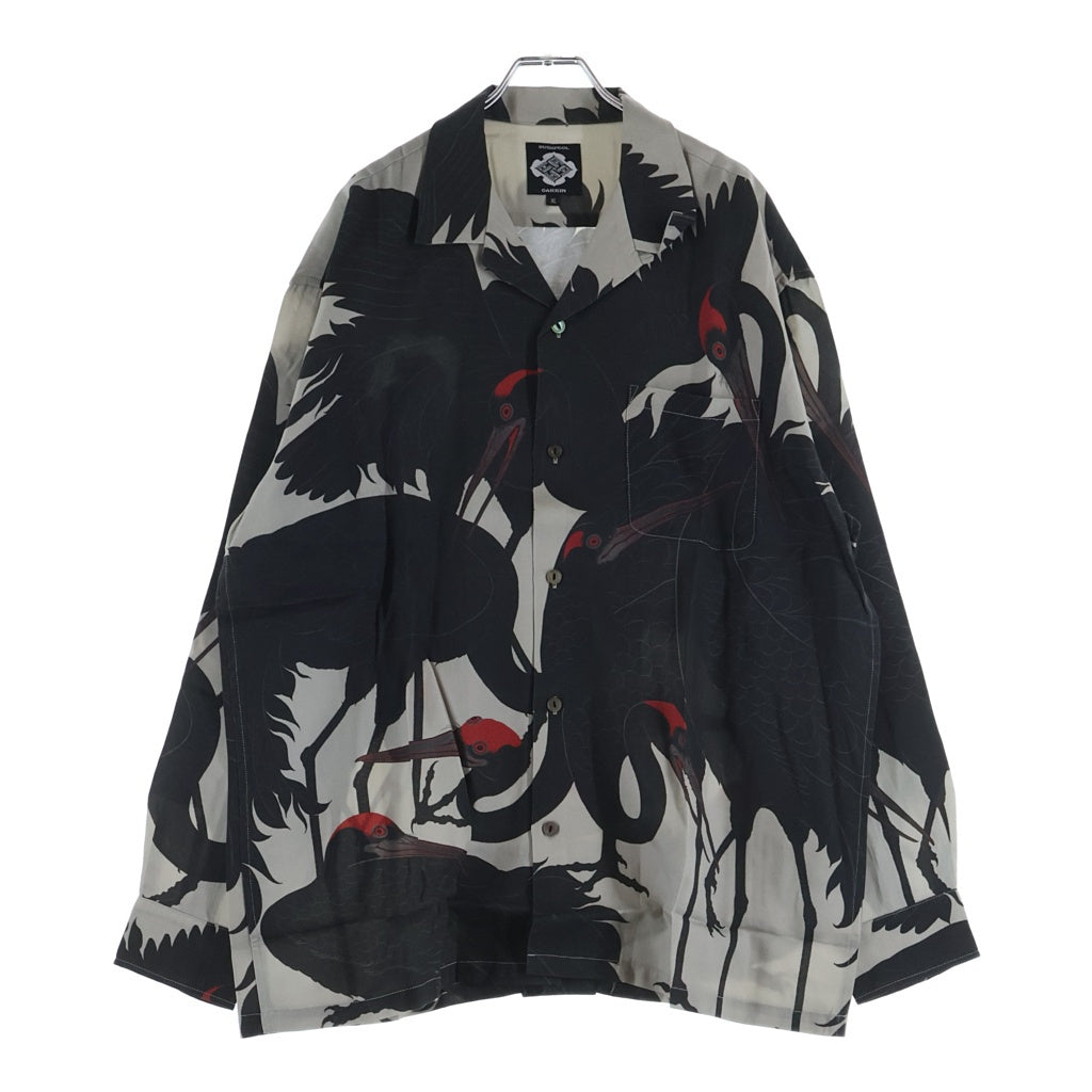 BUDSPOOL(バッズプール) ×GAKKIN 赤目鶴 L/S HAWAIIAN SHIRT ガッキン ロングスリーブハワイアンシャツ 長袖 ブラック/グレー