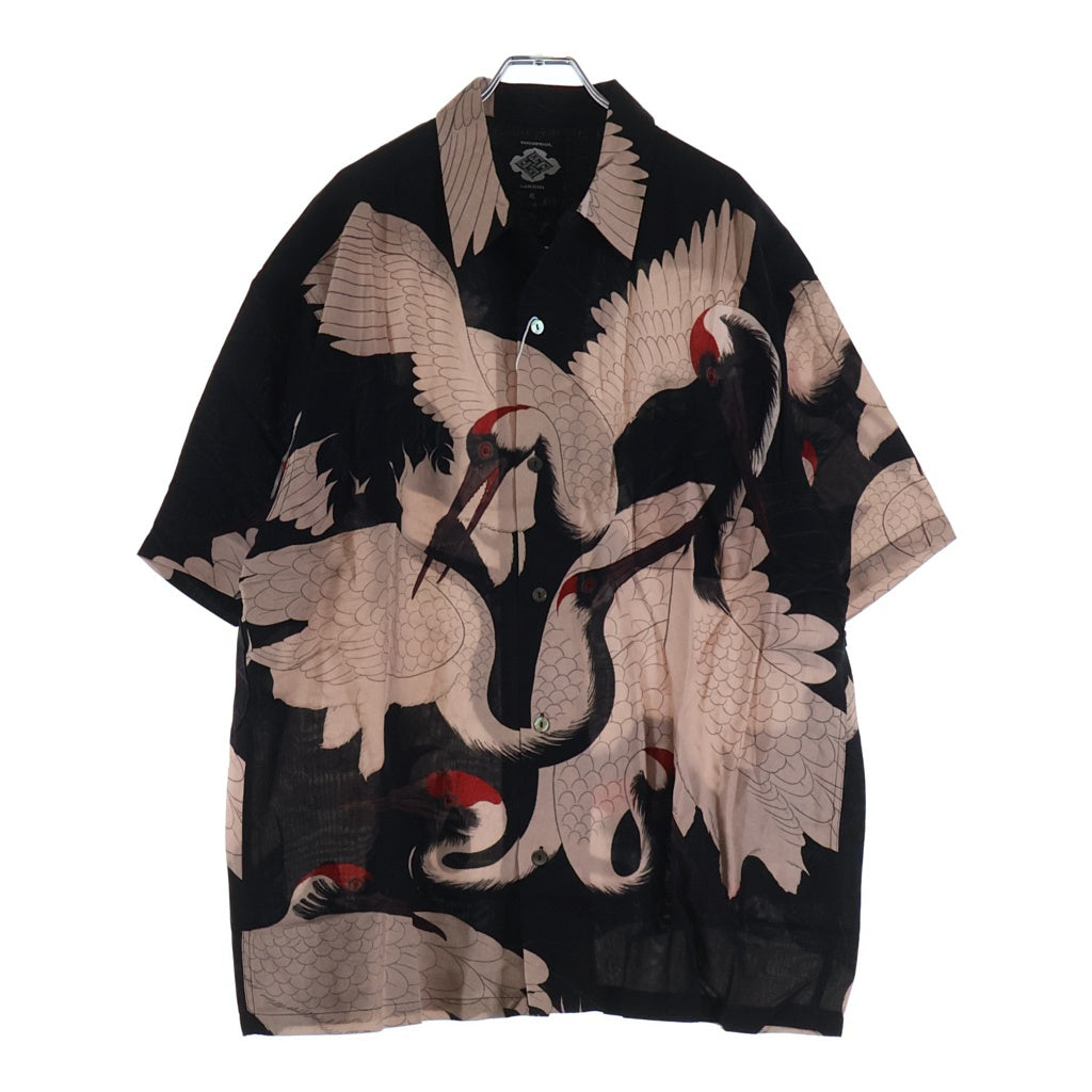 BUDSPOOL(バッズプール) ×GAKKIN 赤目鶴 HAWAIIAN SHIRT ガッキン 半袖ハワイアンシャツ ブラック/ピンク
