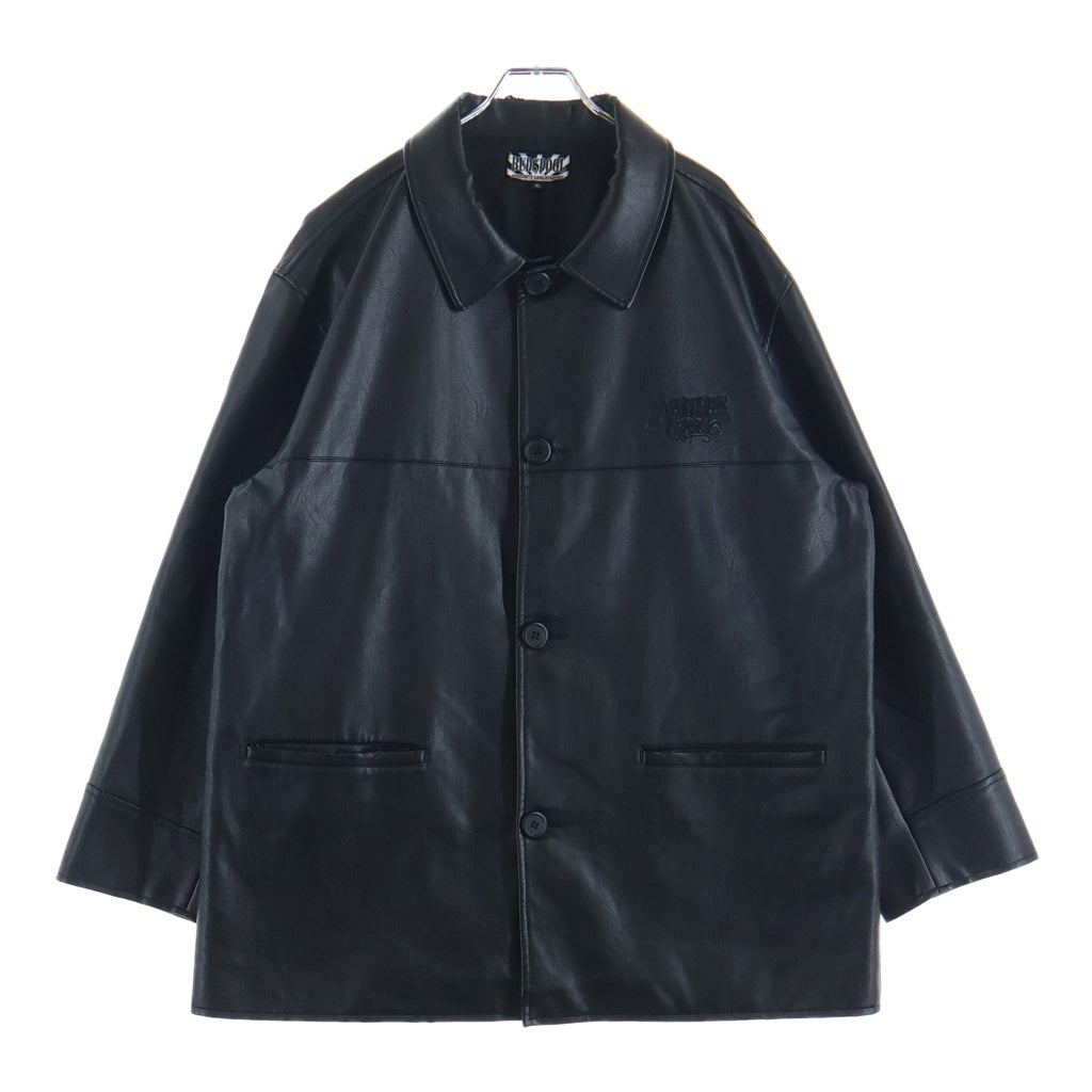 BUDSPOOL(バッズプール) FAUX LEATHER CAR COAT ロゴエンブロイダリー フェイクレザーコート ジャケット ブラック