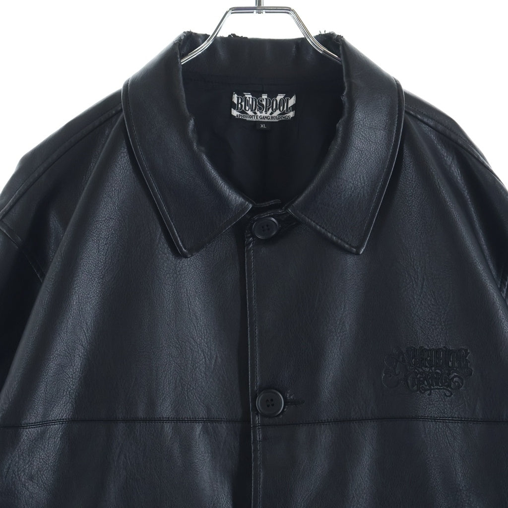 BUDSPOOL(バッズプール) FAUX LEATHER CAR COAT ロゴエンブロイダリー フェイクレザーコート ジャケット ブラック