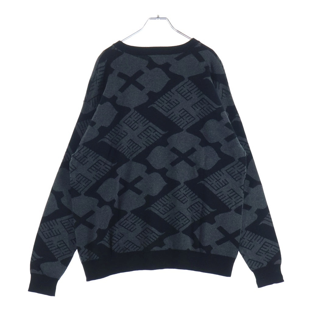 BUDSPOOL(バッズプール) ×GAKKIN 花罰家紋 COTTON KNIT JACQUARD SWEATER ガッキン コットン ジャガード クルーネックニットセーター ブラック/グレー