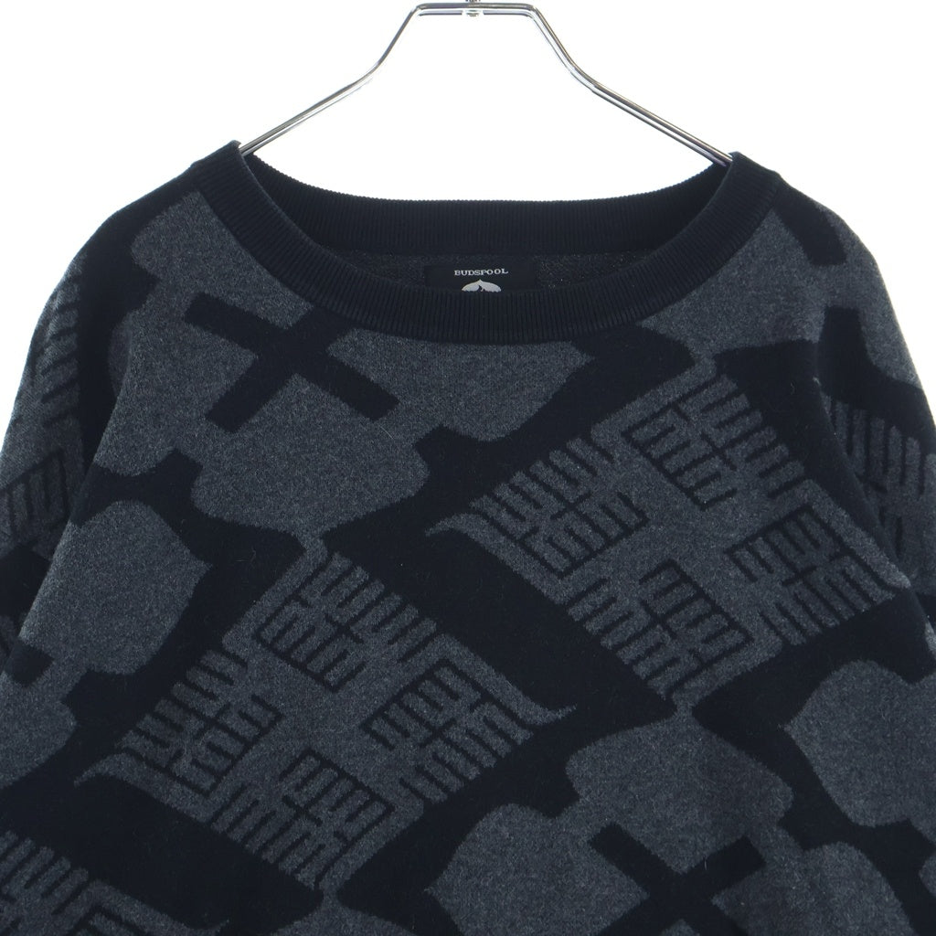 BUDSPOOL(バッズプール) ×GAKKIN 花罰家紋 COTTON KNIT JACQUARD SWEATER ガッキン コットン ジャガード クルーネックニットセーター ブラック/グレー