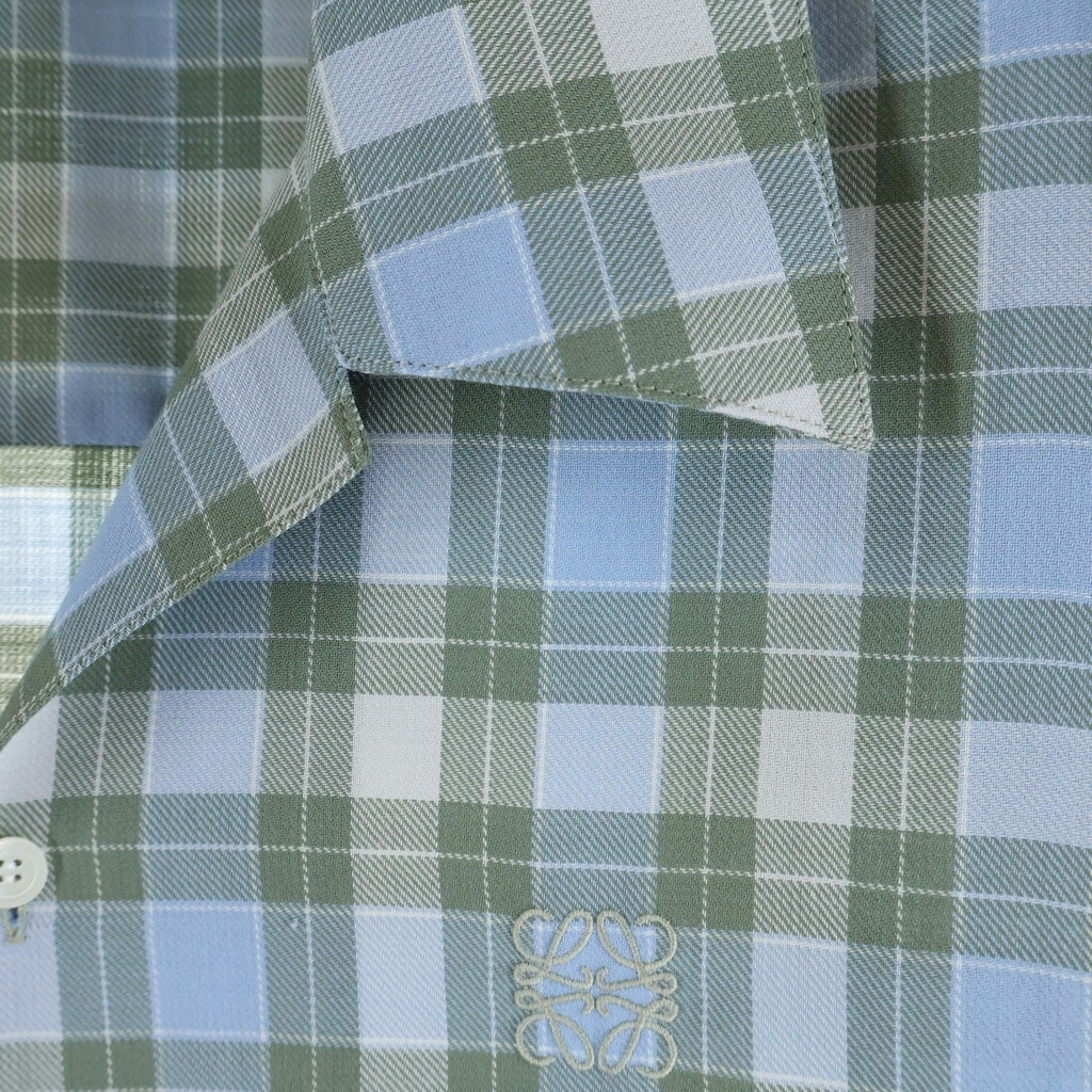 LOEWE(ロエベ) 25AW アナグラム チェック柄 ボタンアップ オープンカラー ボウリング半袖シャツ ブルー H526Y05WF0