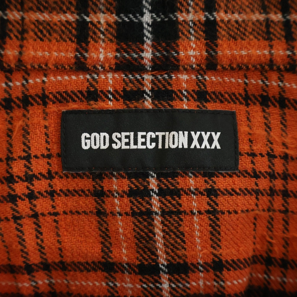 GOD SELECTION XXX(ゴッドセレクショントリプルエックス) 名古屋限定 アームロゴプリント 長袖コットン チェックネルシャツ オレンジ/ブラック