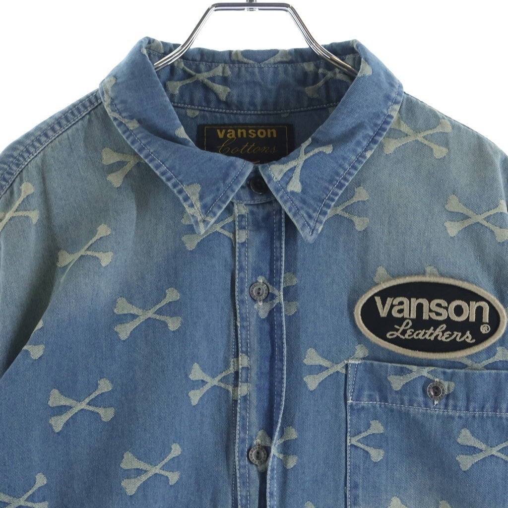VANSON(バンソン) クロスボーン 総柄 ジャガード デニム長袖シャツ インディゴ